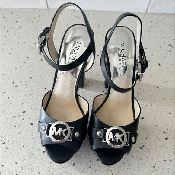 Michael Kors Racquel Platform Black Leather high Block Heels Open Toe Size 6.5M - Picture 2 of 16
